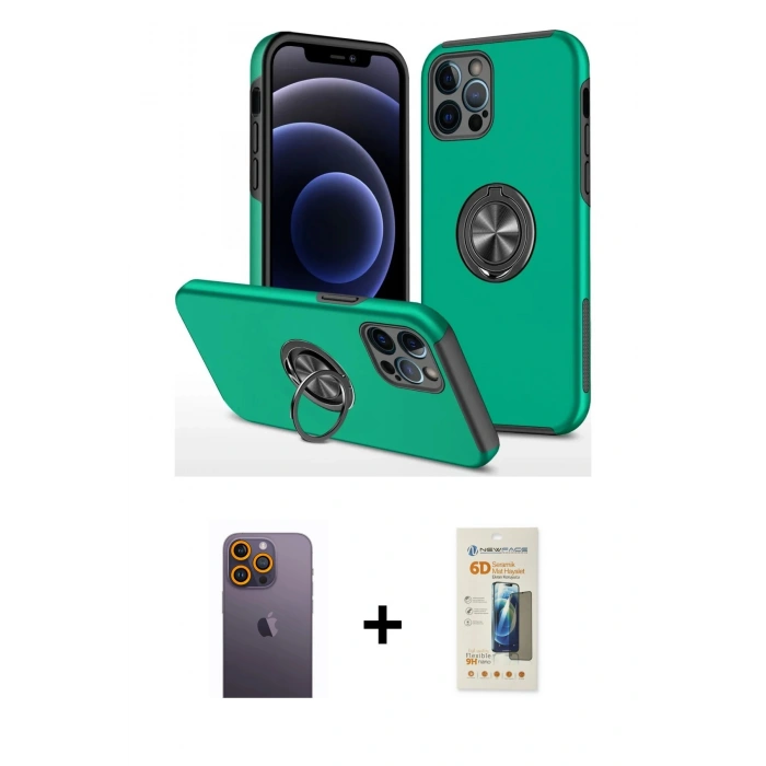 MARSİLYAN™- iPhone 12 Pro Kılıf Odak Form Prime - Siyah 6D Mat Seramik Hayalet Nano Ekran Koruyucu + Neon Fosforlu Kamera Lens - SI