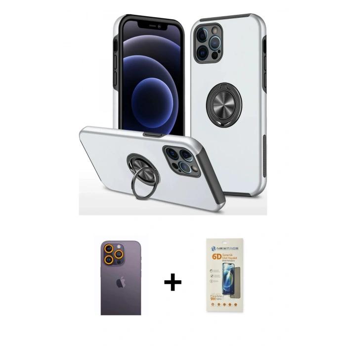 MARSİLYAN™- iPhone 12 Pro Kılıf Odak Form Prime - Siyah 6D Mat Seramik Hayalet Nano Ekran Koruyucu + Neon Fosforlu Kamera Lens - SI
