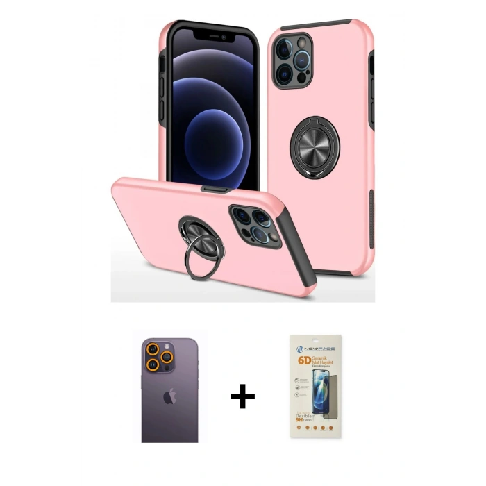 MARSİLYAN™- iPhone 12 Pro Kılıf Odak Form Prime - Siyah 6D Mat Seramik Hayalet Nano Ekran Koruyucu + Neon Fosforlu Kamera Lens - SI