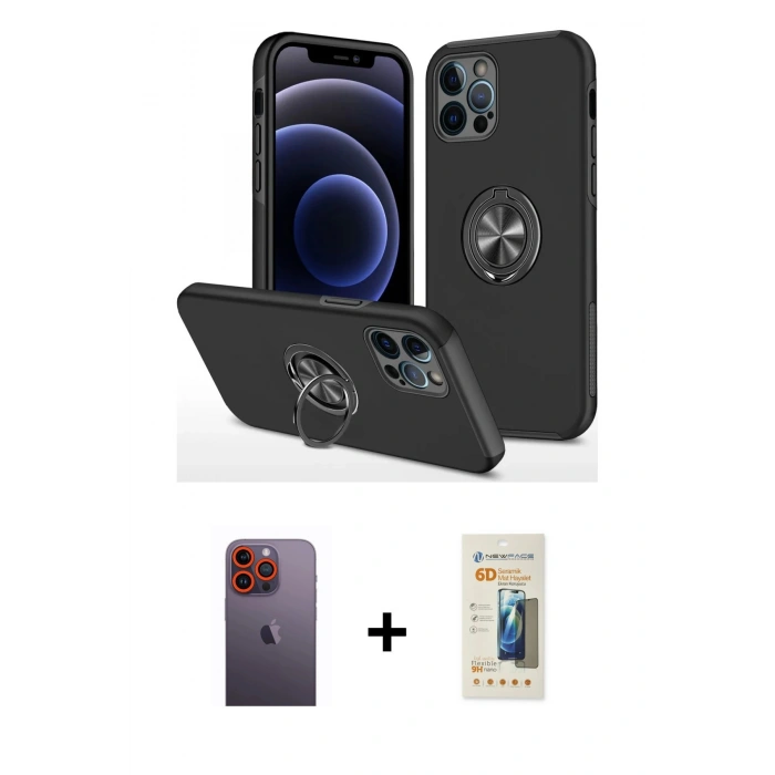 MARSİLYAN™- iPhone 12 Pro Kılıf Odak Form Prime - Siyah 6D Mat Seramik Hayalet Nano Ekran Koruyucu + Turuncu Neon Fosforlu Kamera Lens