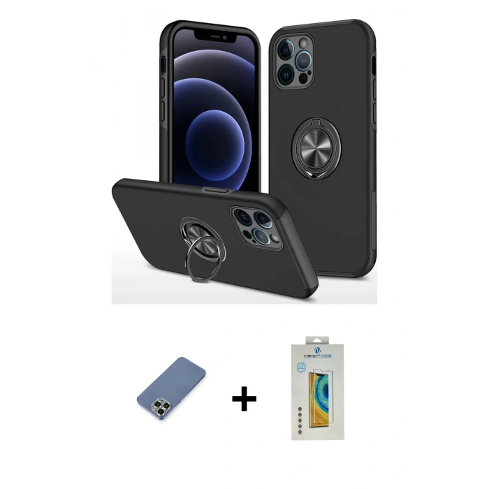 MARSİLYAN™- iPhone 12 Pro Kılıf Odak Form Prime - Siyah Polymer Nano Ekran Koruyucu + Metal Kamera Lens Koruma Cam - AKYL