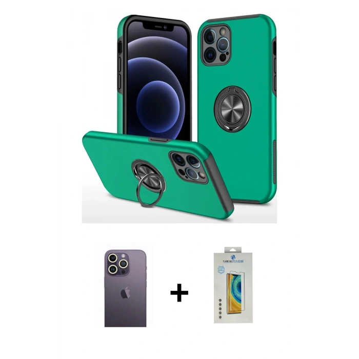 MARSİLYAN™- iPhone 12 Pro Kılıf Odak Form Prime - Siyah Polymer Nano Ekran Koruyucu + Neon Fosforlu Kamera Lens - BZ