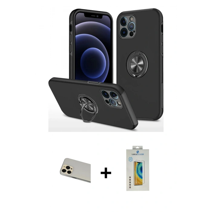 MARSİLYAN™- iPhone 12 Pro Kılıf Odak Form Prime - Siyah Polymer Nano Ekran Koruyucu + Gold Rainbow Kamera Lens Koruma Cam