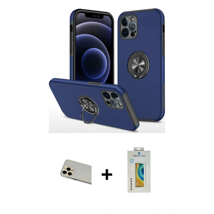 MARSİLYAN™- iPhone 12 Pro Kılıf Odak Form Prime - Siyah Polymer Nano Ekran Koruyucu + Gold Rainbow Kamera Lens Koruma Cam
