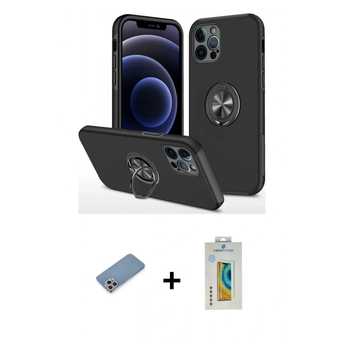 MARSİLYAN™- iPhone 12 Pro Kılıf Odak Form Prime - Siyah Polymer Nano Ekran Koruyucu + Gümüş Shine Kamera Lens Koruma Cam