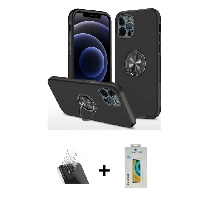 MARSİLYAN™- iPhone 12 Pro Kılıf Odak Form Prime - Siyah Polymer Nano Ekran Koruyucu + Kamera Lens Koruma Cam - SF