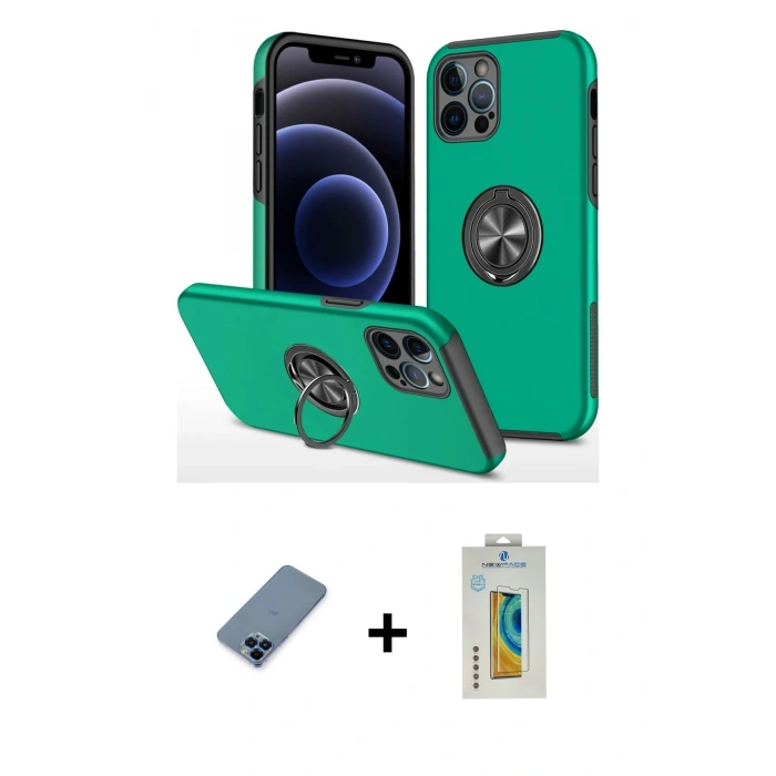 MARSİLYAN™- iPhone 12 Pro Kılıf Odak Form Prime - Siyah Polymer Nano Ekran Koruyucu + Mavi Metal Kamera Lens Koruma Cam