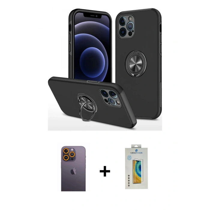 MARSİLYAN™- iPhone 12 Pro Kılıf Odak Form Prime - Siyah Polymer Nano Ekran Koruyucu + Neon Fosforlu Kamera Lens - SI