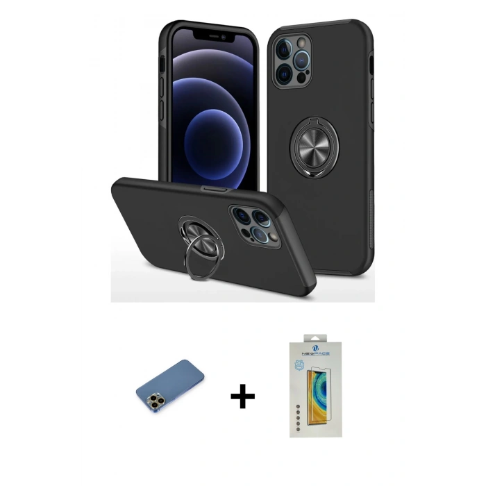MARSİLYAN™- iPhone 12 Pro Kılıf Odak Form Prime - Siyah Polymer Nano Ekran Koruyucu + Shine Kamera Lens Koruma Cam - GD