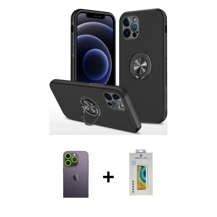 MARSİLYAN™- iPhone 12 Pro Kılıf Odak Form Prime - Siyah Polymer Nano Ekran Koruyucu + Neon Fosforlu Kamera Lens - YL