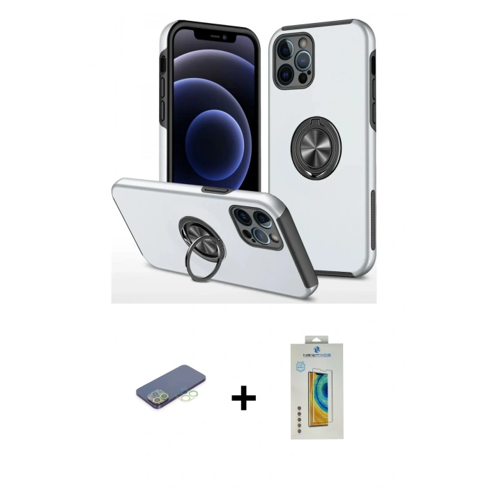 MARSİLYAN™- iPhone 12 Pro Kılıf Odak Form Prime - Siyah Polymer Nano Ekran Koruyucu + Renkli Kamera Lens Koruma Cam - YL