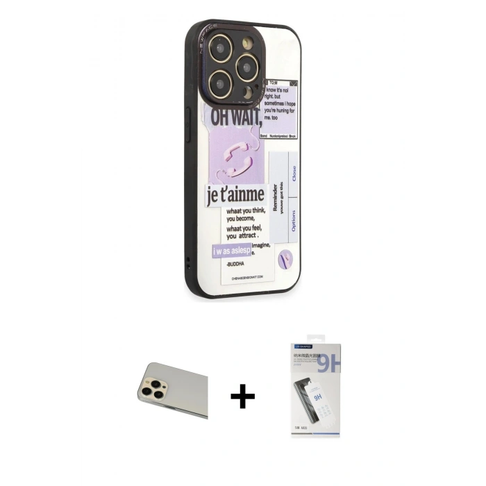 MARSİLYAN™- iPhone 12 Pro Kılıf Odak Klasik Serisi - Şeffaf Uv Polymer Nano Ekran Koruyucu + Rainbow Kamera Lens Koruma Cam - GD
