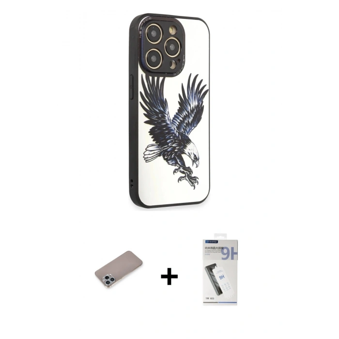 MARSİLYAN™- iPhone 12 Pro Kılıf Odak Klasik Serisi - Şeffaf Uv Polymer Nano Ekran Koruyucu + Sierra Blue Shine Kamera Lens Koruma Cam