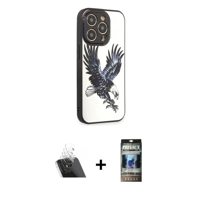 MARSİLYAN™- iPhone 12 Pro Kılıf Odak Klasik Serisi - Siyah 34D Hayalet Izgaralı Cam + Kamera Lens Koruma Cam - SF