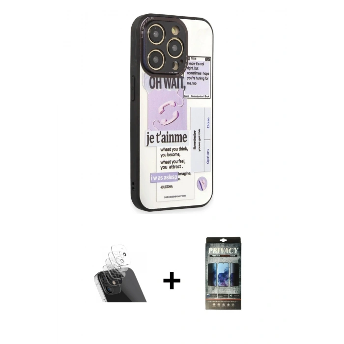 MARSİLYAN™- iPhone 12 Pro Kılıf Odak Klasik Serisi - Siyah 34D Hayalet Izgaralı Cam + Kamera Lens Koruma Cam - SF