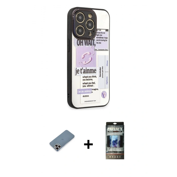 MARSİLYAN™- iPhone 12 Pro Kılıf Odak Klasik Serisi - Siyah 34D Hayalet Izgaralı Cam + Metal Kamera Lens Koruma Cam - MR