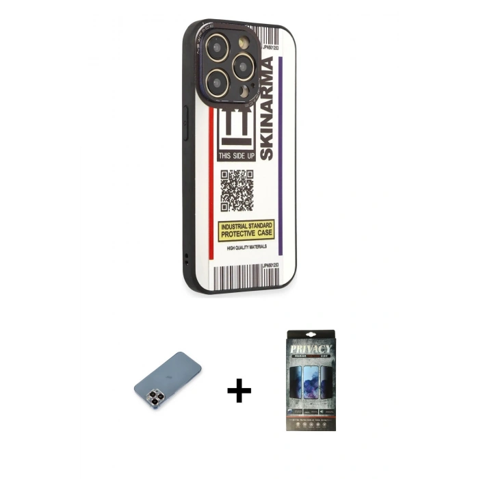 MARSİLYAN™- iPhone 12 Pro Kılıf Odak Klasik Serisi - Siyah 34D Hayalet Izgaralı Cam + Metal Kamera Lens Koruma Cam - MR