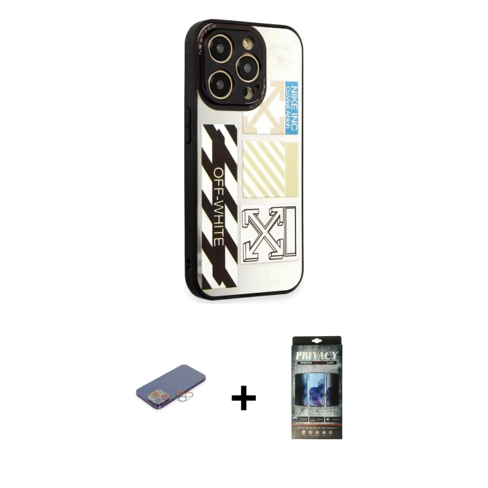 MARSİLYAN™- iPhone 12 Pro Kılıf Odak Klasik Serisi - Siyah 34D Hayalet Izgaralı Cam + Renkli Kamera Lens Koruma Cam - PE