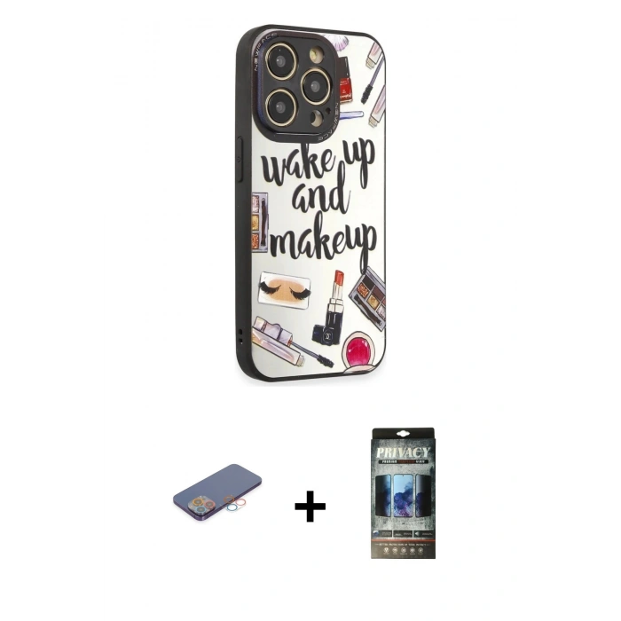 MARSİLYAN™- iPhone 12 Pro Kılıf Odak Klasik Serisi - Siyah 34D Hayalet Izgaralı Cam + Renkli Kamera Lens Koruma Cam - PE
