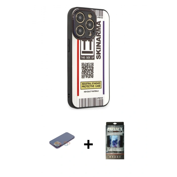 MARSİLYAN™- iPhone 12 Pro Kılıf Odak Klasik Serisi - Siyah 34D Hayalet Izgaralı Cam + Renkli Kamera Lens Koruma Cam - PE