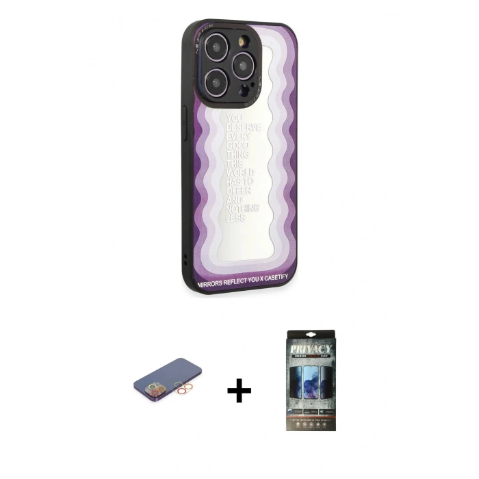 MARSİLYAN™- iPhone 12 Pro Kılıf Odak Klasik Serisi - Siyah 34D Hayalet Izgaralı Cam + Renkli Kamera Lens Koruma Cam - TU