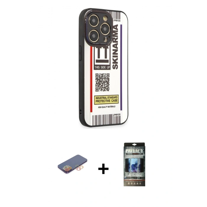 MARSİLYAN™- iPhone 12 Pro Kılıf Odak Klasik Serisi - Siyah 34D Hayalet Izgaralı Cam + Renkli Kamera Lens Koruma Cam - TU