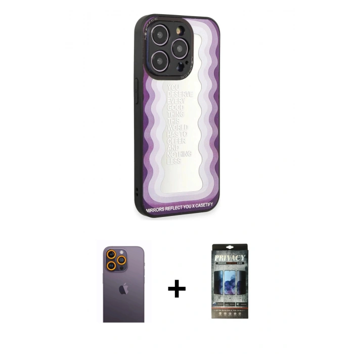 MARSİLYAN™- iPhone 12 Pro Kılıf Odak Klasik Serisi - Siyah 34D Hayalet Izgaralı Cam + Neon Fosforlu Kamera Lens - SI