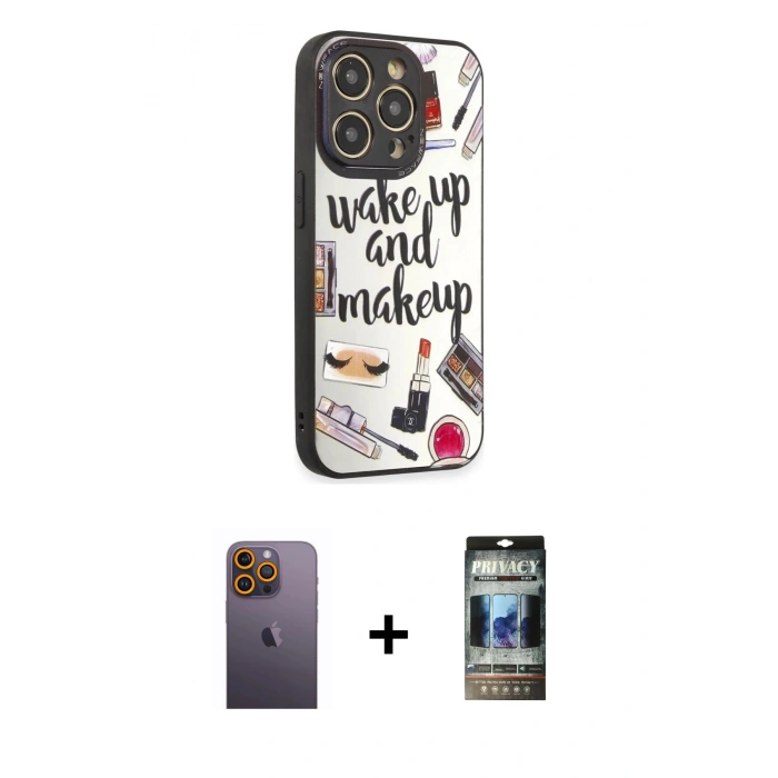 MARSİLYAN™- iPhone 12 Pro Kılıf Odak Klasik Serisi - Siyah 34D Hayalet Izgaralı Cam + Neon Fosforlu Kamera Lens - SI