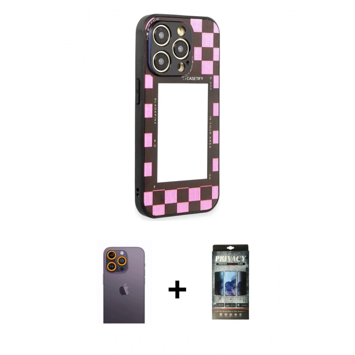 MARSİLYAN™- iPhone 12 Pro Kılıf Odak Klasik Serisi - Siyah 34D Hayalet Izgaralı Cam + Neon Fosforlu Kamera Lens - SI