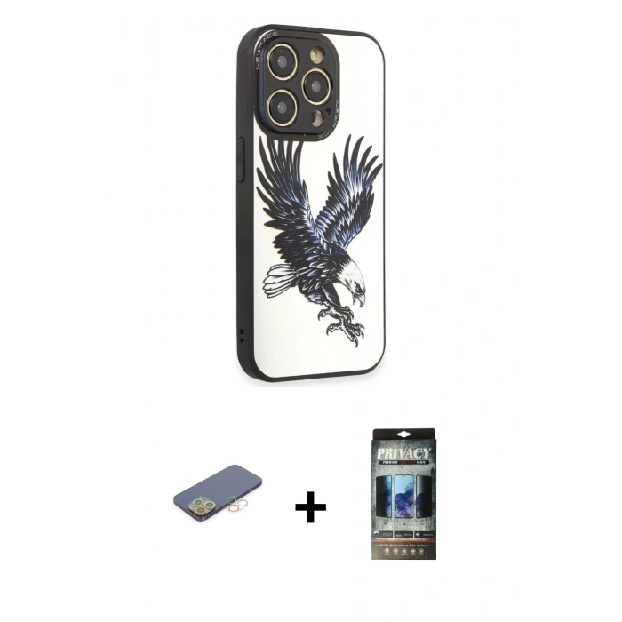 MARSİLYAN™- iPhone 12 Pro Kılıf Odak Klasik Serisi - Siyah 34D Hayalet Izgaralı Cam + Renkli Kamera Lens Koruma Cam - SI