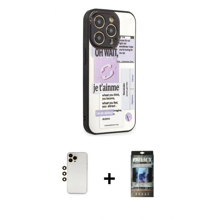 MARSİLYAN™- iPhone 12 Pro Kılıf Odak Klasik Serisi - Siyah 34D Hayalet Izgaralı Cam + Shine Kamera Lens - GD