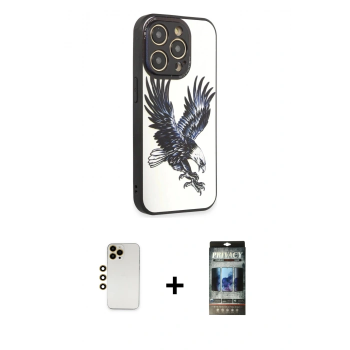 MARSİLYAN™- iPhone 12 Pro Kılıf Odak Klasik Serisi - Siyah 34D Hayalet Izgaralı Cam + Shine Kamera Lens - GD