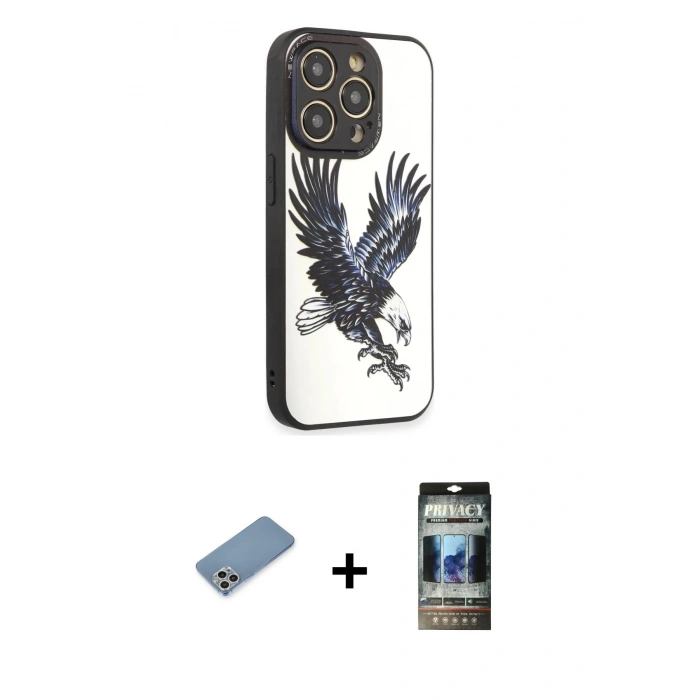 MARSİLYAN™- iPhone 12 Pro Kılıf Odak Klasik Serisi - Siyah 34D Hayalet Izgaralı Cam + Shine Kamera Lens Koruma Cam - GS