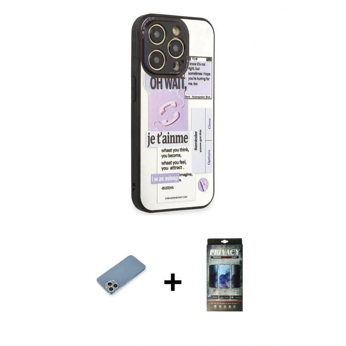MARSİLYAN™- iPhone 12 Pro Kılıf Odak Klasik Serisi - Siyah 34D Hayalet Izgaralı Cam + Shine Kamera Lens Koruma Cam - GS