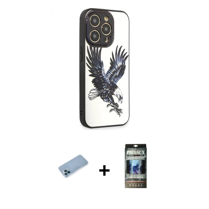 MARSİLYAN™- iPhone 12 Pro Kılıf Odak Klasik Serisi - Siyah 34D Hayalet Izgaralı Cam + Shine Kamera Lens Koruma Cam - MI