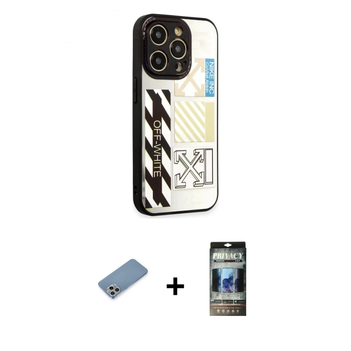 MARSİLYAN™- iPhone 12 Pro Kılıf Odak Klasik Serisi - Siyah 34D Hayalet Izgaralı Cam + Shine Kamera Lens Koruma Cam - GS