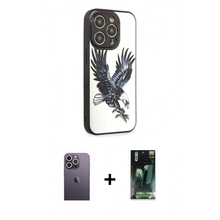 MARSİLYAN™- iPhone 12 Pro Kılıf Odak Klasik Serisi - Siyah 360 Mat Full Body Arka Koruyucu + Neon Fosforlu Kamera Lens - BZ