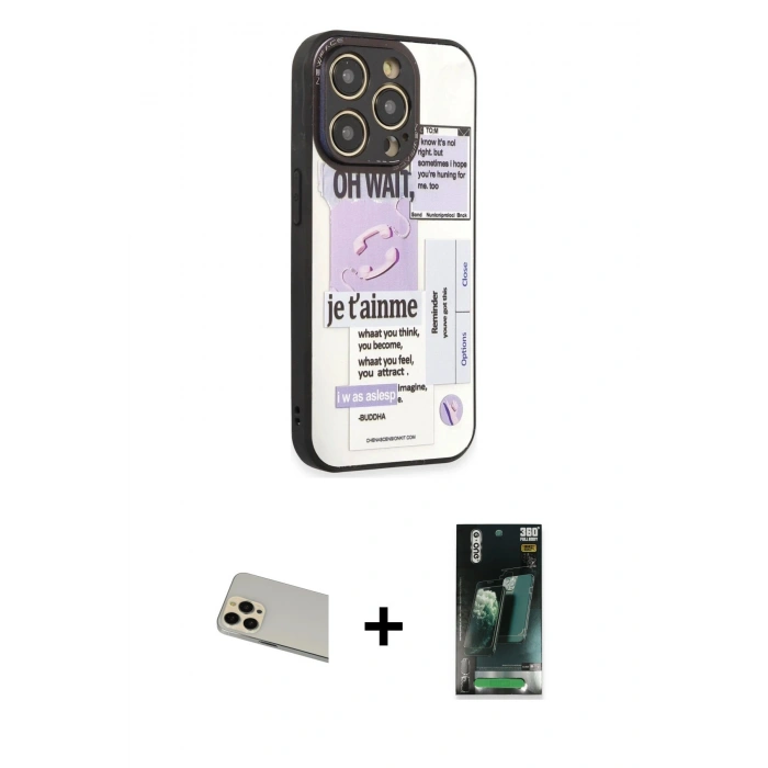 MARSİLYAN™- iPhone 12 Pro Kılıf Odak Klasik Serisi - Siyah 360 Mat Full Body Arka Koruyucu + Rainbow Kamera Lens Koruma Cam - GD