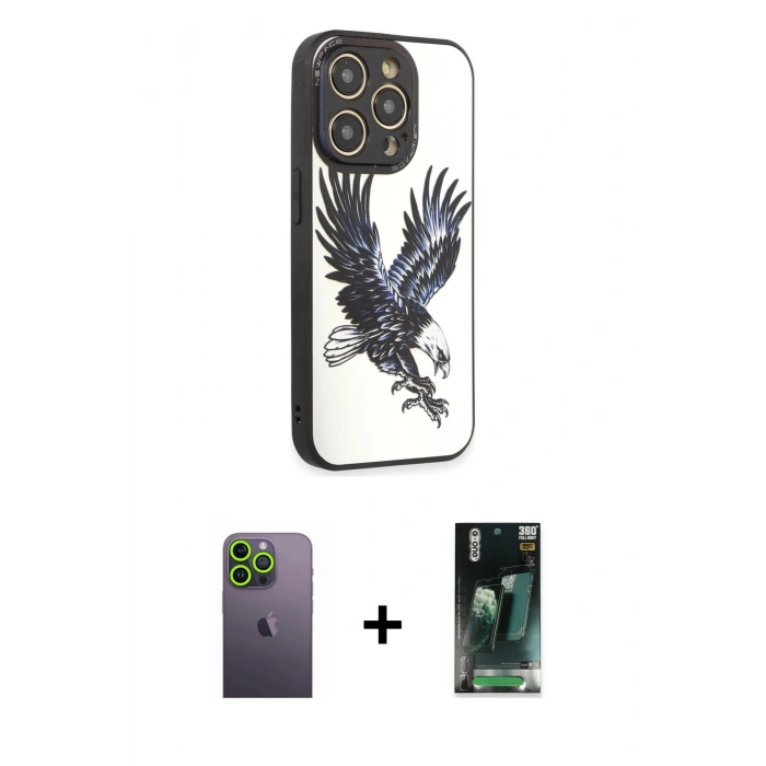 MARSİLYAN™- iPhone 12 Pro Kılıf Odak Klasik Serisi - Siyah 360 Mat Full Body Arka Koruyucu + Neon Fosforlu Kamera Lens - YL
