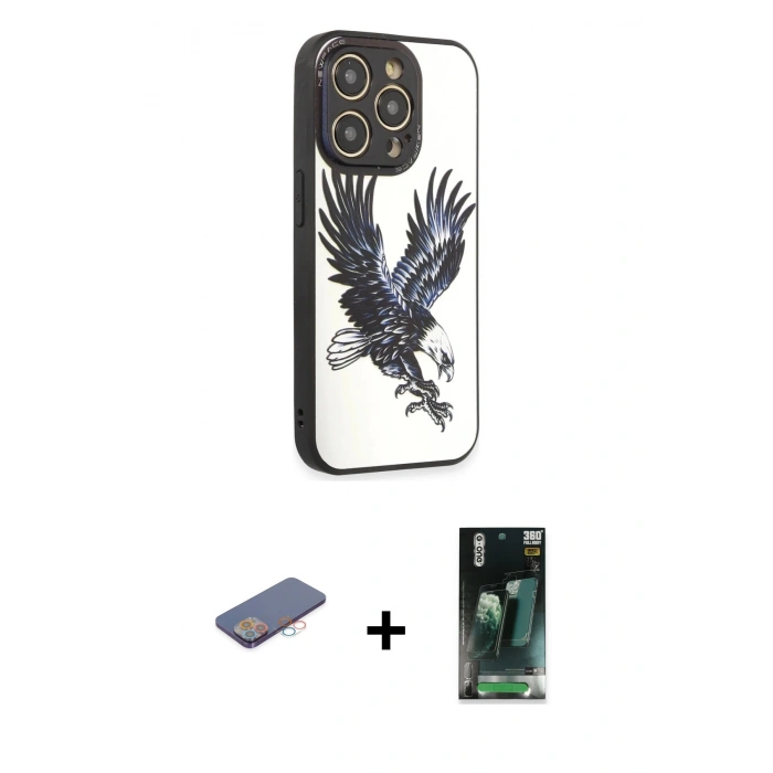 MARSİLYAN™- iPhone 12 Pro Kılıf Odak Klasik Serisi - Siyah 360 Mat Full Body Arka Koruyucu + Renkli Kamera Lens Koruma Cam - PE