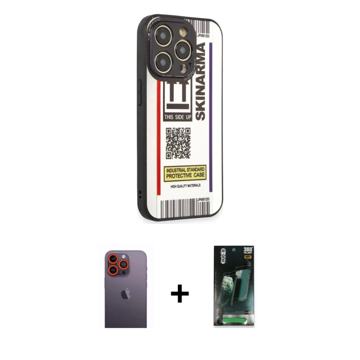 MARSİLYAN™- iPhone 12 Pro Kılıf Odak Klasik Serisi - Siyah 360 Mat Full Body Arka Koruyucu + Turuncu Neon Fosforlu Kamera Lens