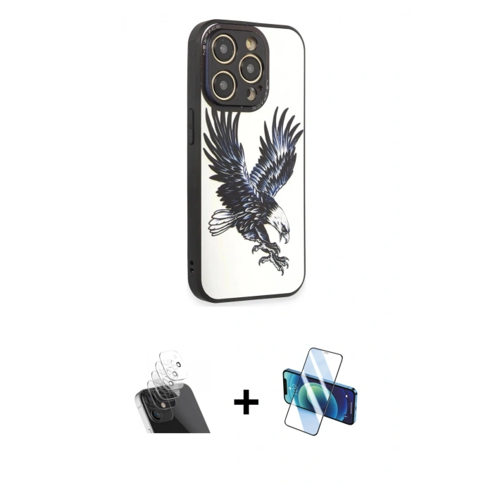 MARSİLYAN™- iPhone 12 Pro Kılıf Odak Klasik Serisi - Siyah 3D Antistatik Cam Ekran Koruyucu + Kamera Lens Koruma Cam - SF