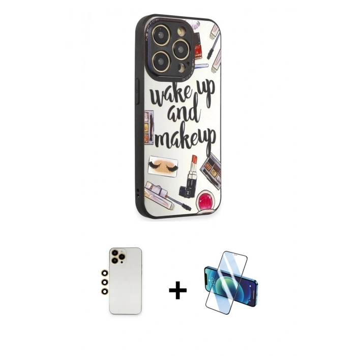 MARSİLYAN™- iPhone 12 Pro Kılıf Odak Klasik Serisi - Siyah 3D Antistatik Cam Ekran Koruyucu + Shine Kamera Lens - GD