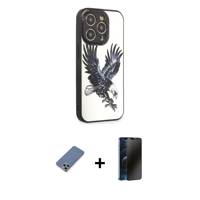 MARSİLYAN™- iPhone 12 Pro Kılıf Odak Klasik Serisi - Siyah 3D Antistatik Hayalet Cam Ekran Koruyucu + Metal Kamera Lens Koruma Cam - AKYL