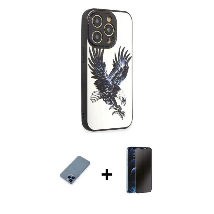 MARSİLYAN™- iPhone 12 Pro Kılıf Odak Klasik Serisi - Siyah 3D Antistatik Hayalet Cam Ekran Koruyucu + Metal Kamera Lens Koruma Cam - MI