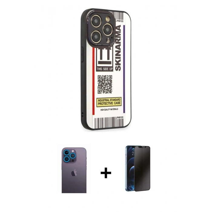 MARSİLYAN™- iPhone 12 Pro Kılıf Odak Klasik Serisi - Siyah 3D Antistatik Hayalet Cam Ekran Koruyucu + Neon Fosforlu Kamera Lens - MI