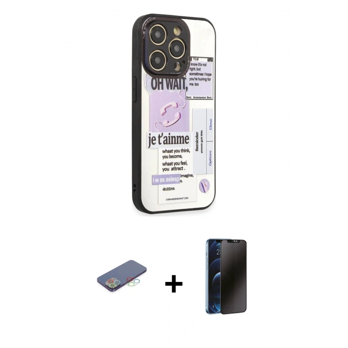 MARSİLYAN™- iPhone 12 Pro Kılıf Odak Klasik Serisi - Siyah 3D Antistatik Hayalet Cam Ekran Koruyucu + Renkli Kamera Lens Koruma Cam - MI