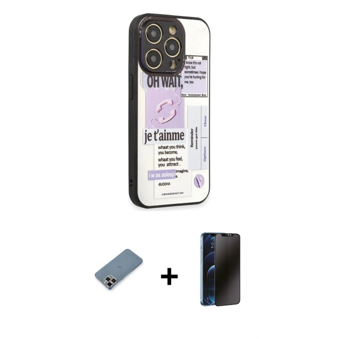 MARSİLYAN™- iPhone 12 Pro Kılıf Odak Klasik Serisi - Siyah 3D Antistatik Hayalet Cam Ekran Koruyucu + Metal Kamera Lens Koruma Cam - MR