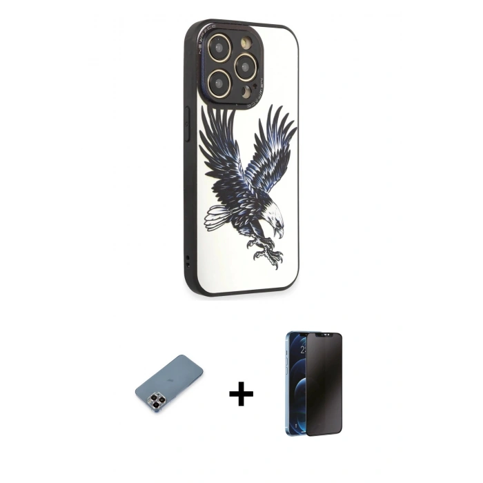 MARSİLYAN™- iPhone 12 Pro Kılıf Odak Klasik Serisi - Siyah 3D Antistatik Hayalet Cam Ekran Koruyucu + Metal Kamera Lens Koruma Cam - MR
