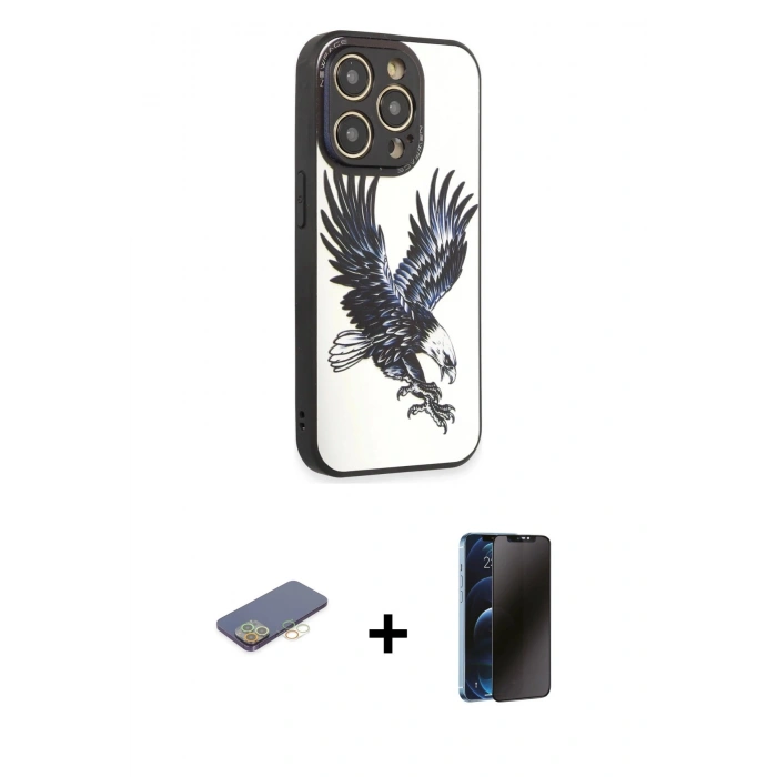 MARSİLYAN™- iPhone 12 Pro Kılıf Odak Klasik Serisi - Siyah 3D Antistatik Hayalet Cam Ekran Koruyucu + Renkli Kamera Lens Koruma Cam - SI